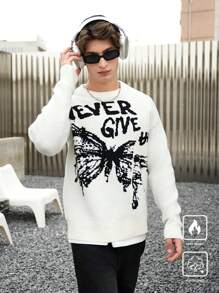 Manfinity Hypemode Suéter de cuello redondo con estampado de letras y mariposas, efecto de color block, de manga larga, para hombre, casual, para salidas con amigos en otoño/invierno