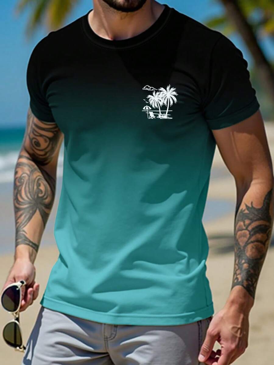 Manfinity RSRT Men's Casual Gradient Palm Tree Printed Short Sleeve T-Shirt, Summer - Multicolor - View 1