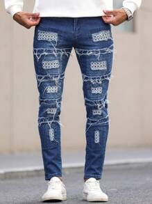 Manfinity LEGND Jeans ajustados de mezclilla para hombre con bolsillo y rotos, vaqueros largos ajustados de color azul oscuro liso deshilachado, regalo para esposo o novio
