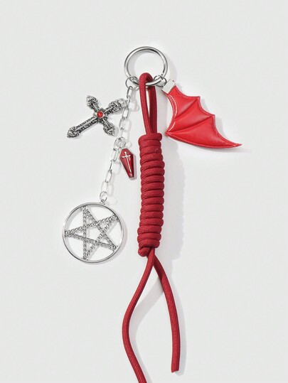 Goth 1pc Y2K Chic & Cute High-Quality Silver Metal Star Chain Red Crystal Cross Devil Wing Adjustable Lanyard Keychain, Suitable For Women As Daily Accessory And Holiday Gift, Halloween