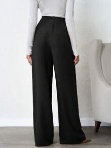 SHEIN 100%Cotton Plus Women's Linen Beige Wide Leg Pants - Black - View 2