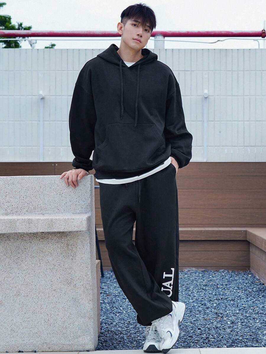 DAZY Men's Letter Embroidered Sweatshirt Set, Autumn Hoodie - Black - View 1