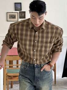 DAZY 男士前扣衬衫领长袖格子休闲上衣 - 棕色 - 查看 1