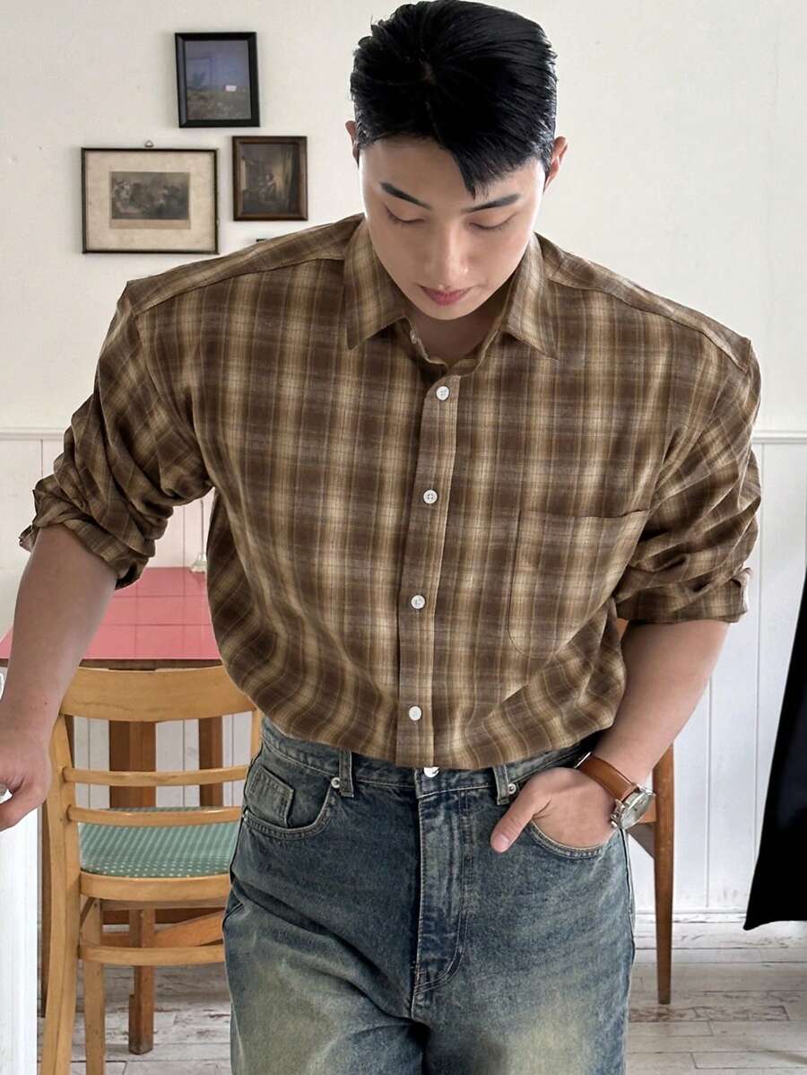 DAZY 男士前扣衬衫领长袖格子休闲上衣 - 棕色 - 查看 1