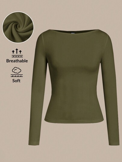 SHEIN BASICS Camiseta feminina casual de algodão com manga comprida e cor sólida, outono e inverno, casual, confortável, ano novo