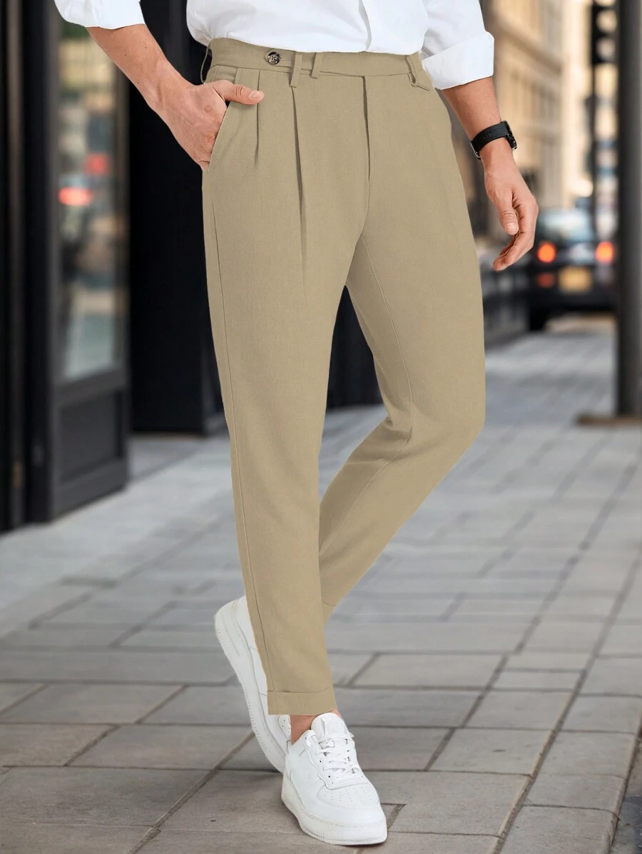 Calvornis Celana Jas Pria Warna Polos dengan Saku Miring, Lipatan, dan Potongan Slim Fit - Khaki - View 1