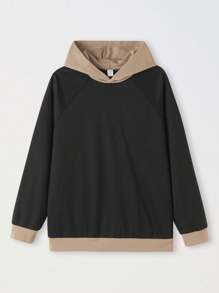 SHEIN 青少年男孩拼色连帽休闲运动衫 - 黑色 - 查看 7