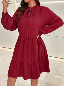 SHEIN Clasi 大码女式纯色圆领荷叶边下摆中长款秋冬连衣裙酒红色女装