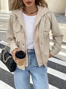 Serisse 翻蓋口袋落肩袖抽繩連帽夾克 - 杏色 - 查看 5