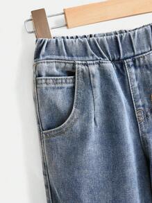 Young Girls All-Match Versatile Plaid Pocket Patchwork Washed Straight Leg Jeans, Suitable For Daily Wear