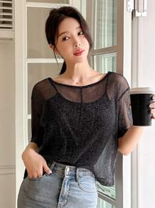 DAZY Women Loose Fit Sheer Round Neck Short Blouse Top Going Out Tops - Black - View 1