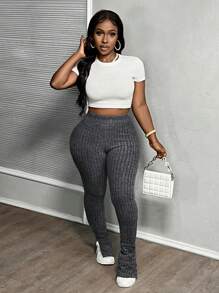 Slaydiva Casual Home Elastic Waist Ribbed Fluffy Ankles Slit Flared Pants, Navy Blue - Dark Grey - View 4