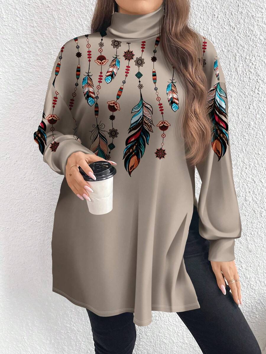 SHEIN LUNE Casual Minimalist All-Over Print Plus Size High Collar Long T-Shirt, Autumn/Winter