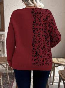 Calvaya Plus Size Casual Leopard Pattern Contrast Sequin V-Neck Dropped Shoulder Pullover Sweater Knit Pullover Fall Winter - Burgundy - View 2