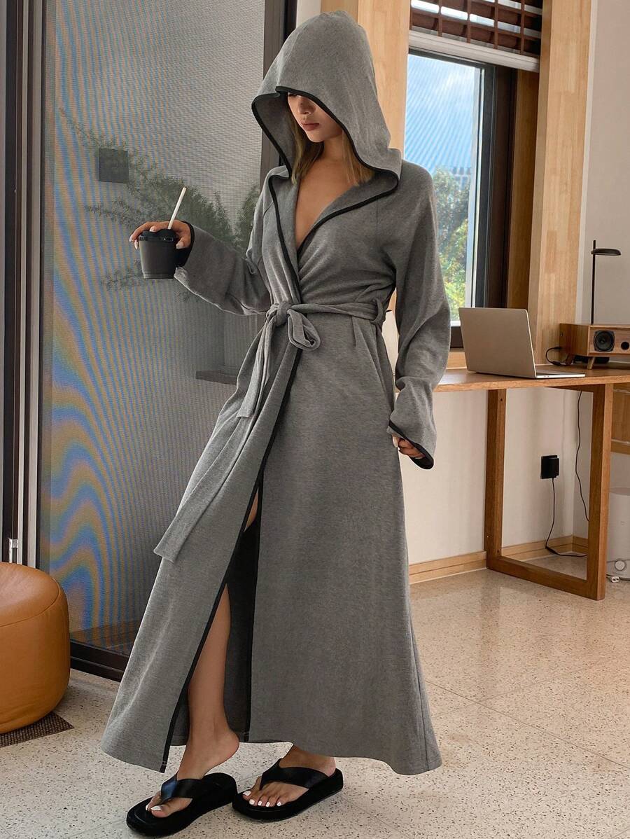 DAZY 简约宽松撞色滚边连帽收腰浴袍，秋季睡衣，冬季 - 灰色 - 查看 1