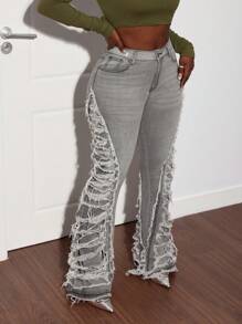 Slaydiva Women's Sexy Ripped Gray Flared Pants Jeans - Grey - View 8