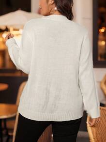 SHEIN LUNE Damen Pullover in Große Größen mit Blumenmuster, Stehkragen und Langarm, lässiger Lässig Pullover, Herbst/Winter Strickpullover - Weiss - Übersicht 2