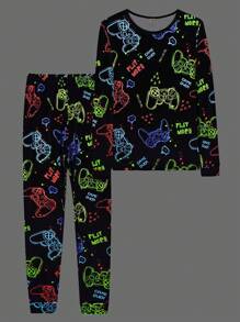 2pcs Snug Fit Teen Boys Casual Game Controller Glow In The Dark Print Long Sleeve Top And Pants Loungewear Set