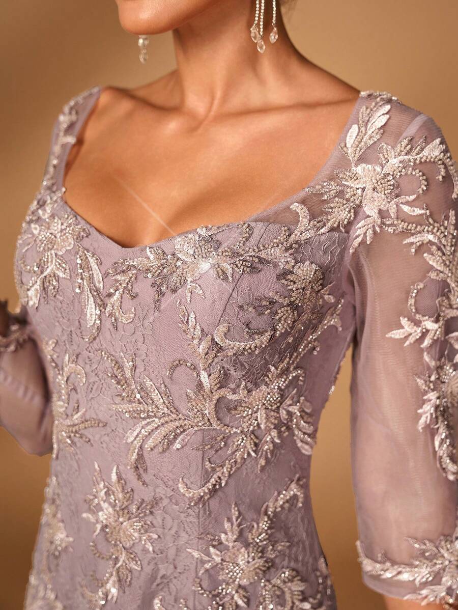 SHEIN Belle 优雅派对新娘母亲礼服，心形领口、刺绣、网眼和鱼尾下摆 - 藕粉色 - 查看 1