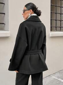 SHEIN Cottnline 女士纯色前扣长袖口袋休闲夹克，简约日常穿着 - 黑色 - 查看 2