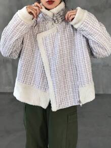 FRIFUL Women Fluffy Patchwork Long Sleeve Simple Jacket, Casual Wear,Fall Women Clothes Plaid Women Coats - Apricot - View 5