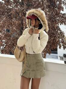 SHEIN EZwear Áo khoác nữ dày dặn có cổ lông, thắt eo, thích hợp cho mùa thu/đông. - Màu be - Xem 5