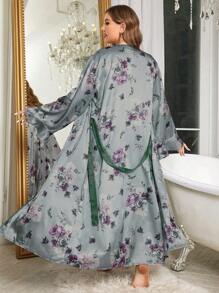 SHEIN MuseNap CURVE Plus Size Faux Silk Floral Print Sleeveless Nightgown And Robe Set, Fall Winter Clothes - Multicolor - View 5