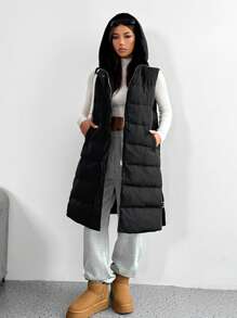 SHEIN EZwear Women's New Solid Color Hooded Sleeveless Mid-Length Down& Feathers Vest With Pockets, Winter - Black - View 5