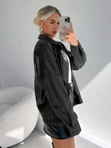 Firerie Women's Fashion Street Style Black Zip-Up PU Leather Jacket, Autumn, Grunge,Casual,Black,PU,Baggy - Black - View 3