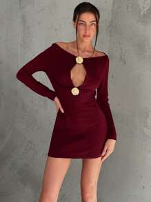 Aloruh 全新秋冬金属扣装饰性感胸部镂空船领迷你连衣裙 - 酒紅色 - 查看 6