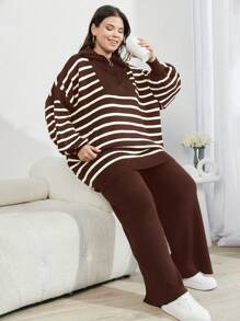SHEIN Cottnline Plus Size Women's Houndstooth Drop Shoulder Button Down Cardigan Sweater And Pants 3-Piece Set, For Winter - Brown - View 1