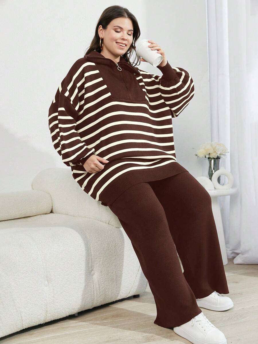 SHEIN Cottnline Plus Size Women's Houndstooth Drop Shoulder Button Down Cardigan Sweater And Pants 3-Piece Set, For Winter - Brown - View 1