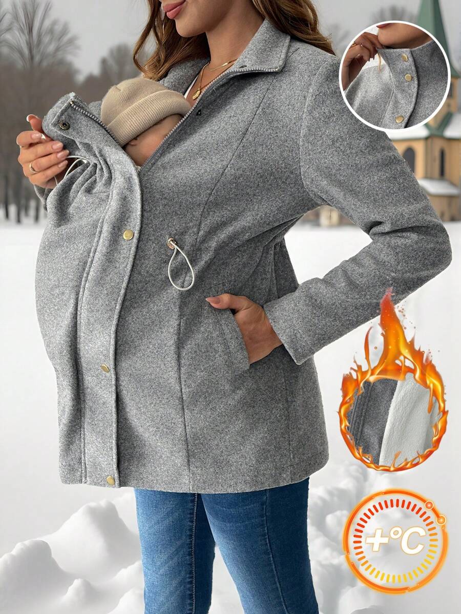 SHEIN 3In1 Pregnancy Faux Fur Trimmed Kangaroo Hooded Woollen Coat