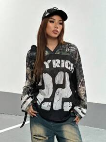 StreetHx 女式街头运动复古树叶印花拼接大字母和数字 V 领长袖 T 恤，秋季图案 T 恤女式春季上衣