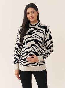 SHEIN 孕妇豹纹长袖针织毛衣秋冬季保暖针织毛衣 - 杏色 - 查看 3