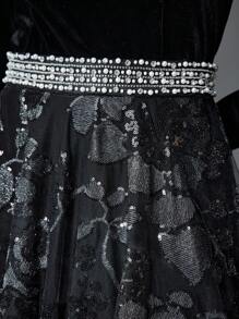 MOTF Soiréza SQUARE NECK VELVET BODICE SEQUINS EMBROIDERY MESH FLARE HEM FORMAL EVENING DRESS - Black - View 3