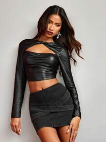 SHEIN SXY V 型腰部交叉水洗紧身迷你裙，适合性感女性服装优雅休闲秋装