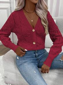 SHEIN LUNE Casual Daily Herringbone Knit Button Front Cardigan, Autumn/Winter - Burgundy - View 5