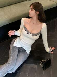 DAZY Stripe Patchwork Slit Fitted Minimalist Knitted Sweater For Women,Fall Clothes