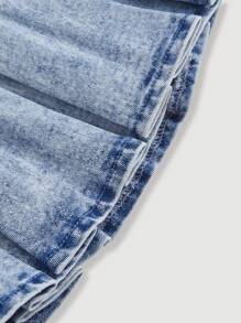 SHEIN MOD Women's Solid Color Pleated Side Zipper Denim Mini Skirt - Blue - View 4