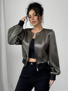 SHEIN Unity Women's Solid Color Splicing Front Zipper Long Sleeve Casual Jacket Fall Cloth For Women - Green - View 5