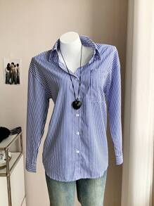 Comfortcana Striped Print Drop Shoulder Shirt - Blue and White - View 3