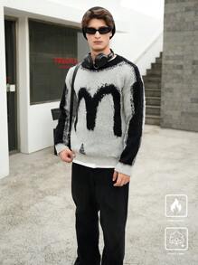 Manfinity Roghcode Jersey casual de punto con patrón de bloques de color y efecto desgastado para hombre, apto para otoño/invierno - Multicolor - Ver 7