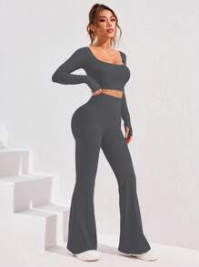 2pcs Women Solid Color Thumb Hole Cropped Slim Fit Top And Flare Pants Sports Suit, Autumn Gym Set Workout Women Set - Dark Grey - View 7