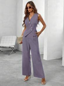 SHEIN Clasi Women Casual Commuting Solid Color Vest & Pants 2 Pieces Suit Set - Purple - View 6