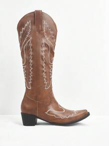 Styleloop Women's Embroidered Pointed Toe Chunky Heel Western Boots, BOHO Style, Retro American Western, Bohemian, Music Festival, Party, Christmas, Halloween Outfit - Coffee Brown - View 2