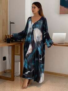 DAZY Bộ váy địu in họa tiết Tie Dye kèm áo choàng dài tay, đồ ngủ thanh lịch - Màu xanh lam - Xem 4