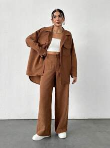 EURMUSE Corduroy Fashionable Pocket Design Shirt And Trousers Two-Piece Set - Camel - View 3