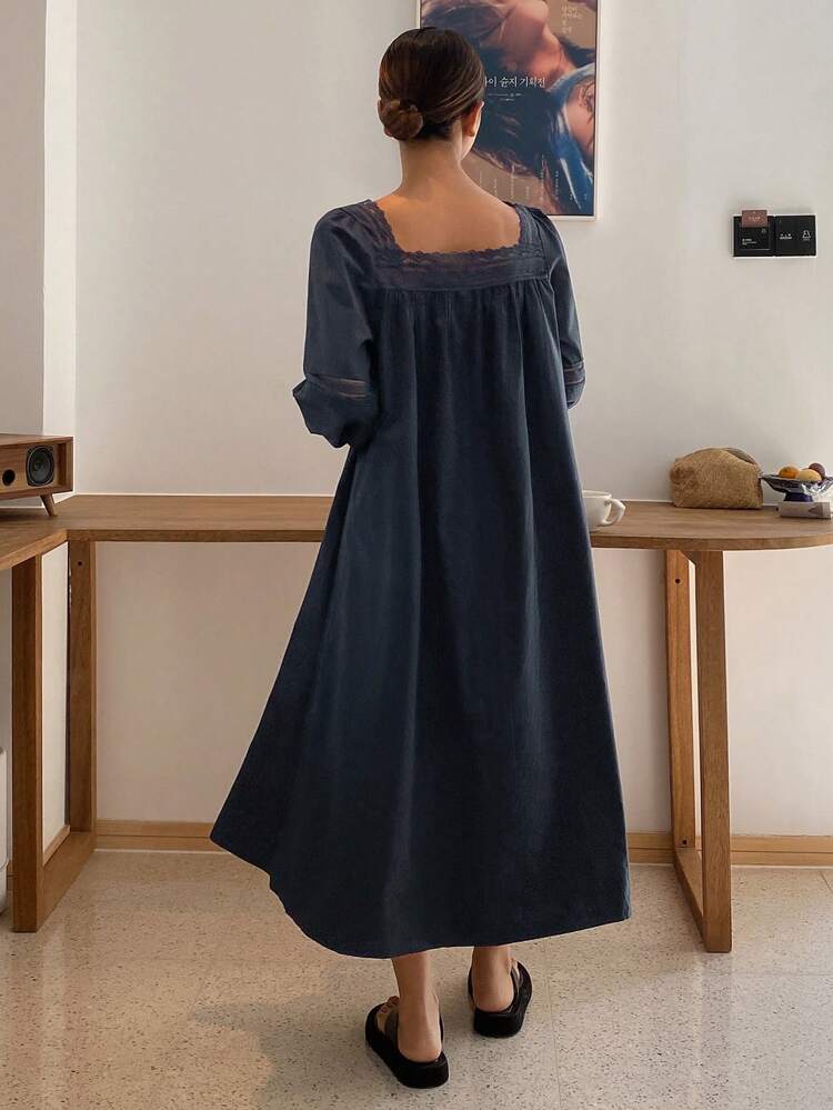 Sweet Lace Patchwork Puff Sleeve Loose Night Gown Pajama, Moo Moo, Fall, Winter