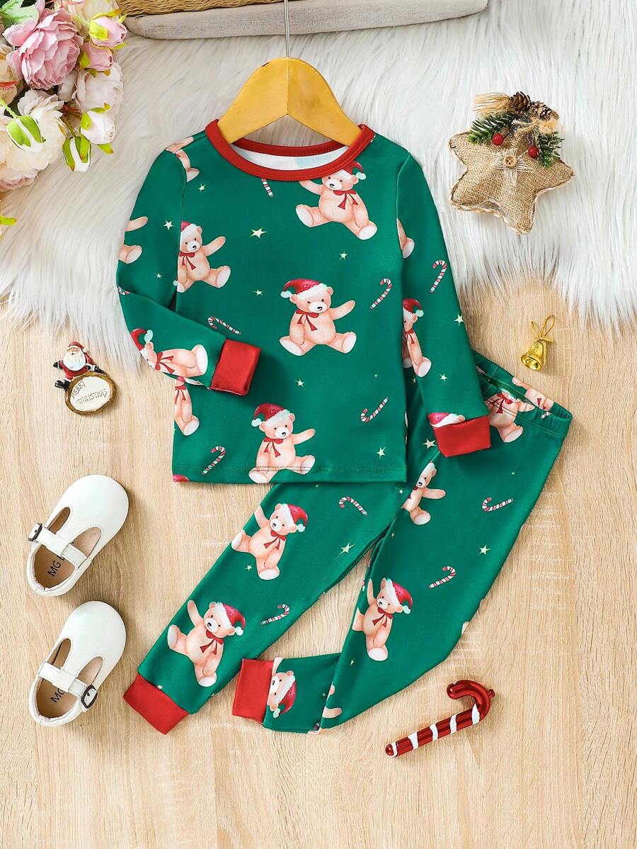 2 件装女婴全身印花长袖上衣和紧身裤睡衣套装，贴身合体，适合圣诞节 - 綠色 - 查看 1